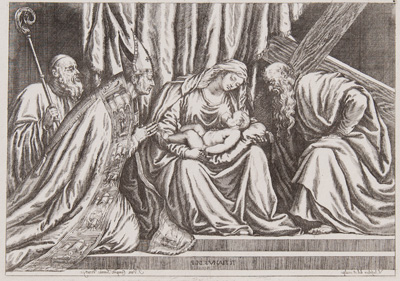 Titian etching from 1682 Saint Mary (the Blessed Virgin) with the Christ Child, Saint Andrew the Apostle, and Saint Titian of Oderzo